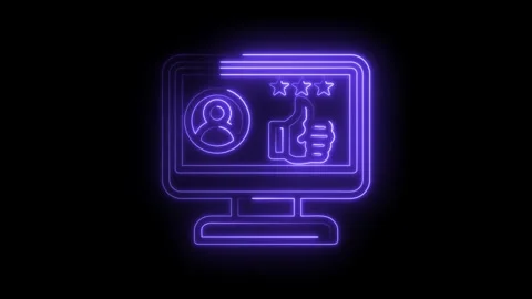 Neon glowing computer screen displays user profile icon thumbs up and three Stock Footage 333959966