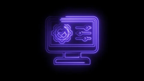 Neon glowing computer screen with gear and sliders interface digital technology Video stock 333963775