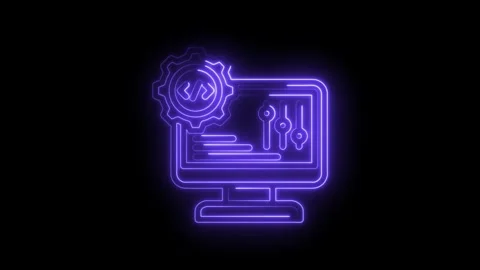 Neon glowing computer screen with gear and sliders representing software Stock Footage 333966332