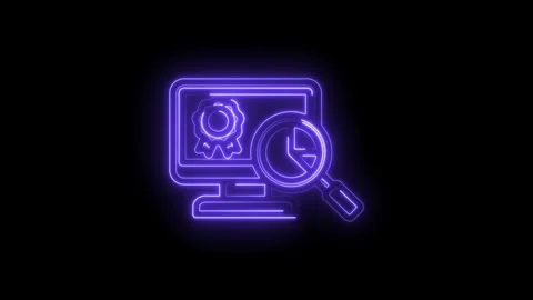 Neon glowing computer screen with magnifying glass over certificate icon digital Stock Footage 333959072