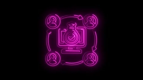 Neon glowing computer screen with money bag and checkmark surrounded by user 库存影片 333967032