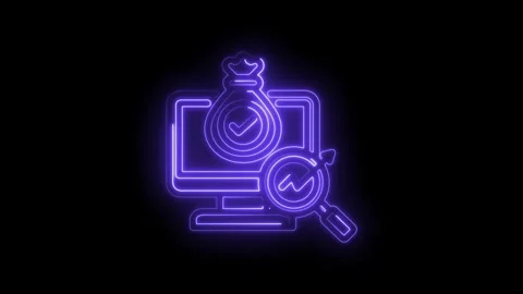 Neon glowing computer screen with money bag and magnifying glass icon 库存影片 333967224