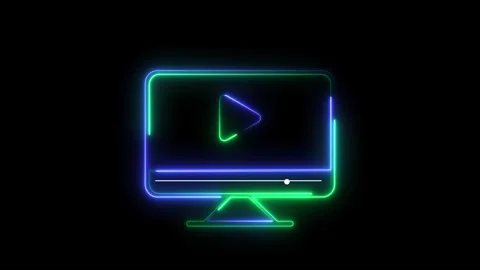 Neon Glowing Computer Screen with Play Button, Futuristic Video Player UI Stock Footage 310056965