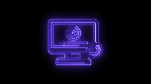 Neon glowing computer screen with play button and gear icon abstract digital Stock Footage 333959059