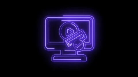 Neon glowing computer screen with play button and credit card symbol and check Stock Footage 333966969
