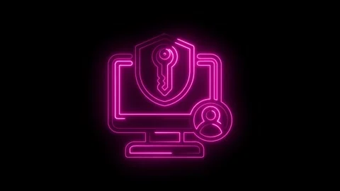 Neon glowing computer screen with shield key and user icon symbolizing digi.. Stock Footage 346122095