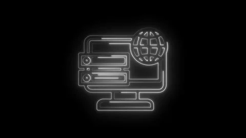 Neon glowing computer server network connection globe icon on black backgro.. Vídeo Stock 346127830