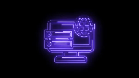 Neon glowing computer server rack connected to globe icon digital network Vídeos de archivo 333967828