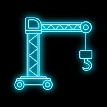 Neon glowing construction crane lifting building materials Ilustración de archivo