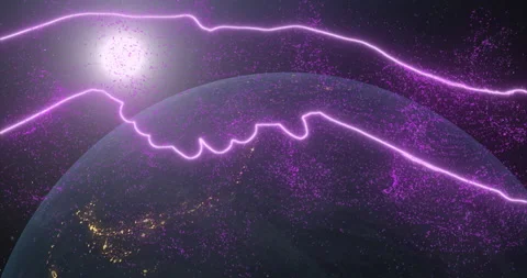 Neon glowing contours shake hands against the backdrop of space, the rotating Vídeos de archivo 221608332