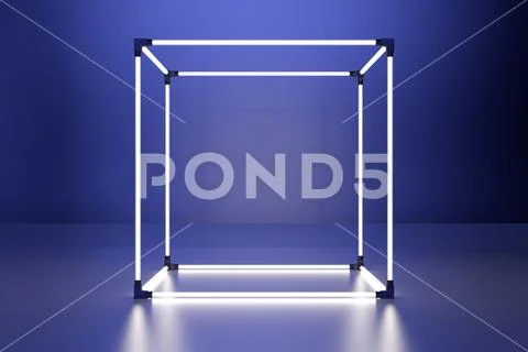 Neon glowing cube in interior room. Empty Showcase display. 3d ...