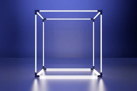 Neon glowing cube in interior room. Empty Showcase display. 3d rendering Stock Illustration