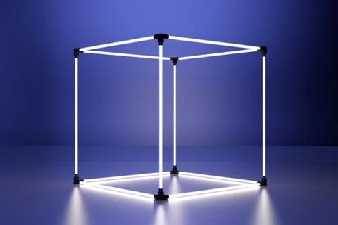 Neon glowing cube in interior room. Empty Showcase display. 3d rendering Stock Illustration