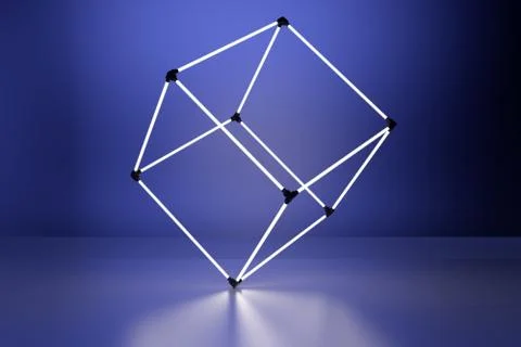 Neon glowing cube in interior room. Empty Showcase display. 3d rendering Stock Illustration