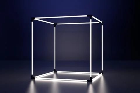 Neon glowing cube in interior room. Empty Showcase display. 3d rendering Stock Illustration