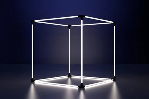 Neon glowing cube in interior room. Empty Showcase display. 3d rendering Stock Illustration