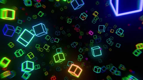 Neon Glowing Cubes Flying Through Abstract Space Tunnel. Seamless Loop. 4K Stock Footage 335591808