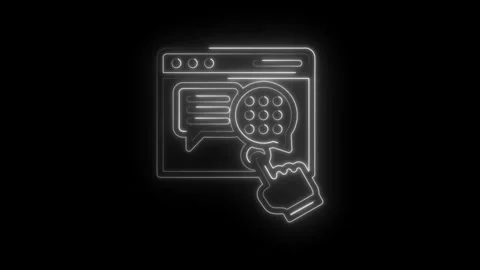 Neon glowing cursor hand clicking on chat bubble icon within digital interface Stock Footage 333956341