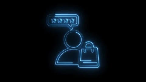 Neon glowing customer satisfaction icon with shopping bag and four star rating Stock Footage 333963571