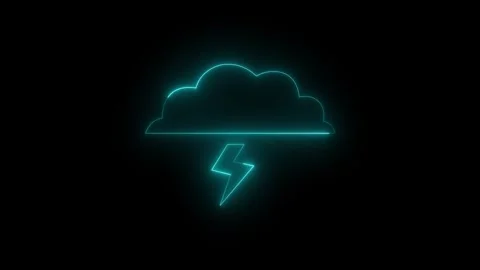 Neon glowing cyan cloud thunderbolt icon animation in black background Stock Footage 267078573