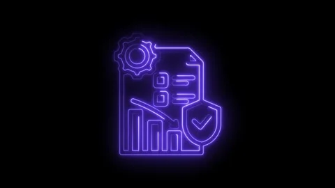 Neon glowing cybersecurity icon with gear chart document and shield representing Stock Footage 333968682