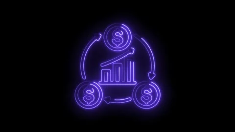 Neon glowing cycle of dollar coins and bar graph rising with arrows indicating Stock Footage 333957310