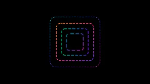 Neon glowing dashed rounded squares geometric tunnel animation loop on blac.. Stock Footage 346439788