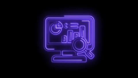 Neon glowing data analysis icon on black background computer screen with charts Stock Footage 333957540