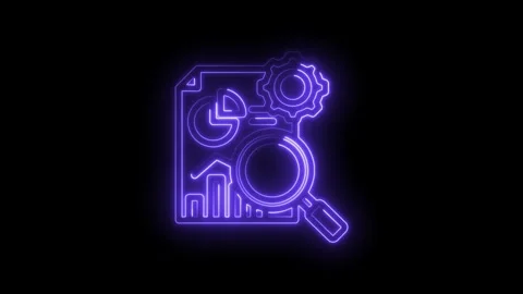 Neon glowing data analysis icon with magnifying glass gear and charts Stock Footage 333968800