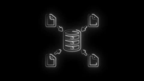Neon glowing database icon with incoming files and arrows on black backgrou.. Stock Footage 346122571