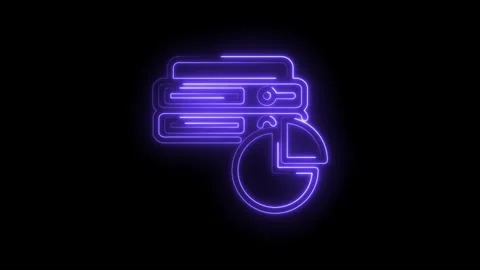 Neon glowing database servers and pie chart icon on black background digital 스톡 동영상 333961892