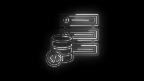 Neon glowing database servers stack with coding icon on black background di.. Stock Footage 346825890