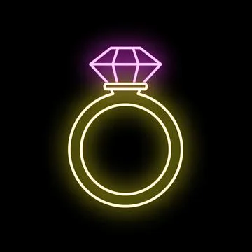 Neon glowing diamond engagement ring on black background Stock Illustration