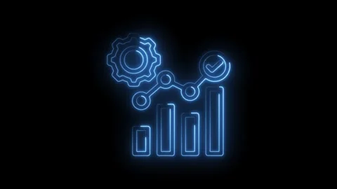 Neon glowing digital analytics graph with gear and checkmark progress success Stock Footage 333961022