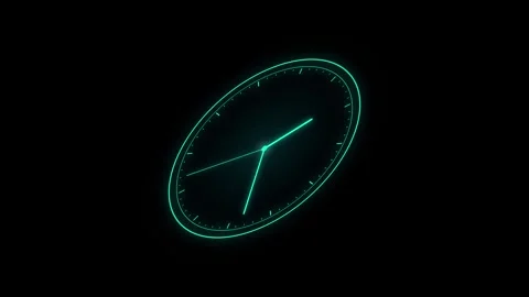 Neon glowing digital clock interface with rotating time animation on black .. 스톡 동영상 347465443