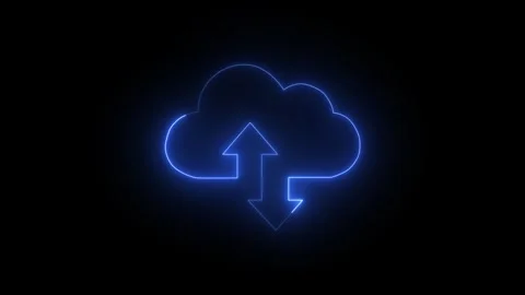 Neon glowing digital cloud icon data transfer animation on a black background. C Stock Footage 340625437