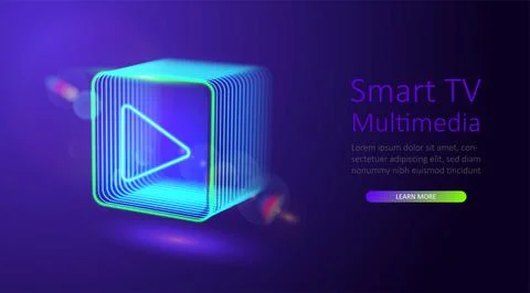Neon glowing digital cube with play icon. 3d cyber start button. Gaming, cinema Illustrazione stock