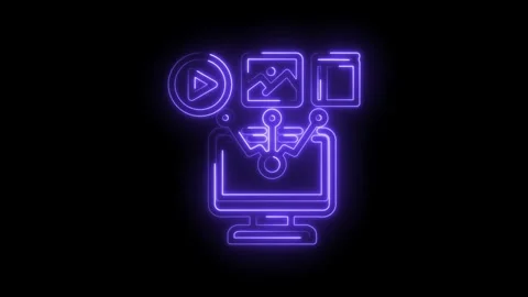 Neon glowing digital interface icons play button image gallery data management Stock Footage 333956087