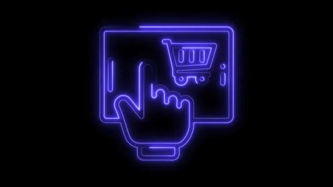 Neon glowing digital tablet with shopping cart and hand cursor for ecommerce Stock Footage 314539818