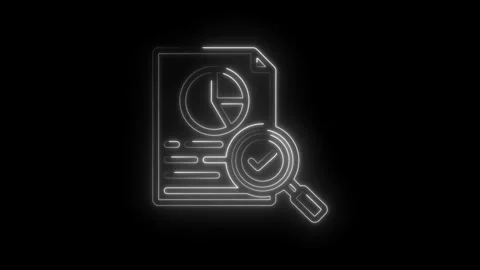 Neon glowing document analysis with magnifying glass and checkmark icon Stock Footage 333960700