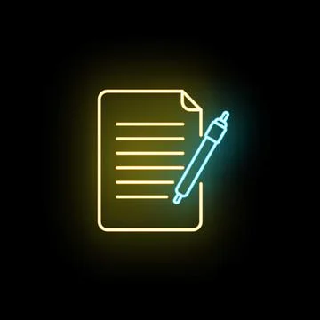 Neon glowing document and pen icon writing contract Stock Illustration
