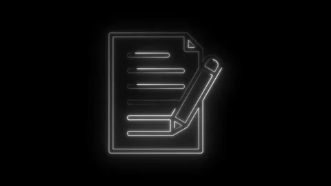 Neon glowing document and pencil icon animation on black background abstract Stock Footage 333959507