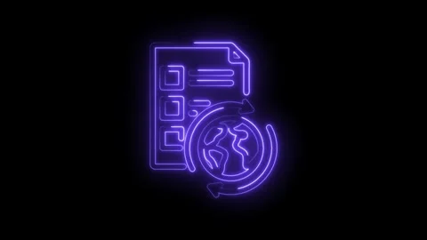 Neon glowing document with checklist and spinning globe icon representing global Stock Footage 333955628