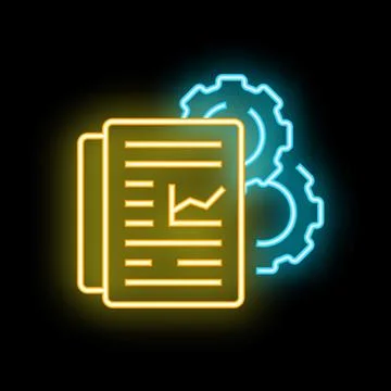Neon glowing document with gears icon representing workflow automation Stock Illustration