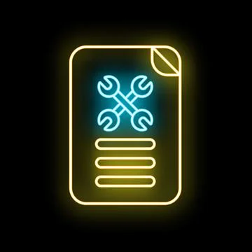 Neon glowing document icon displaying maintenance tools 스톡 일러스트