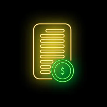 Neon glowing document icon with dollar coin Stock Illustration