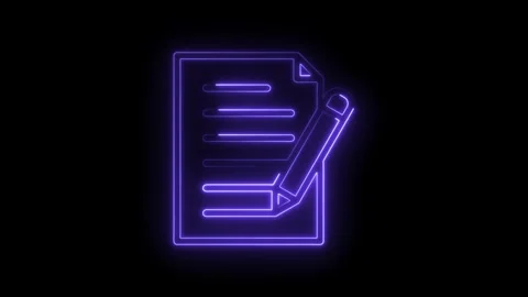 Neon glowing document icon with pencil writing symbol abstract digital art Stock Footage 333959504