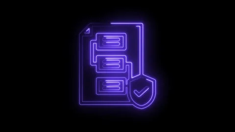 Neon glowing document icon with shield and checkmark symbol for data security Stock Footage 333966539