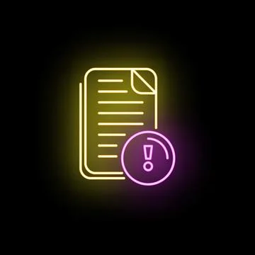 Neon glowing document icon showing warning exclamation mark Stock Illustration