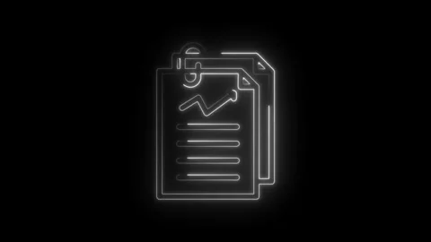 Neon glowing document icon with upward trending graph and paper clip on black Stock Footage 333960664